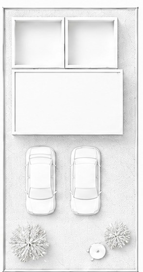 プランA：同じ敷地で建物を手前に置き、駐車2台と庭を配置した坪ブロックの敷地計画